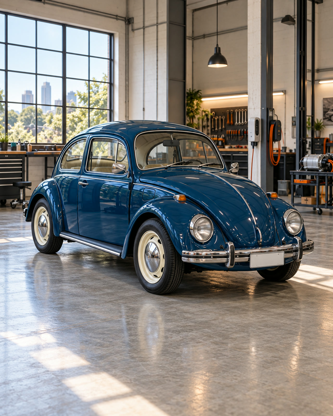 Fusca 1972 azul-petróleo já convertido, parado no meio da oficina