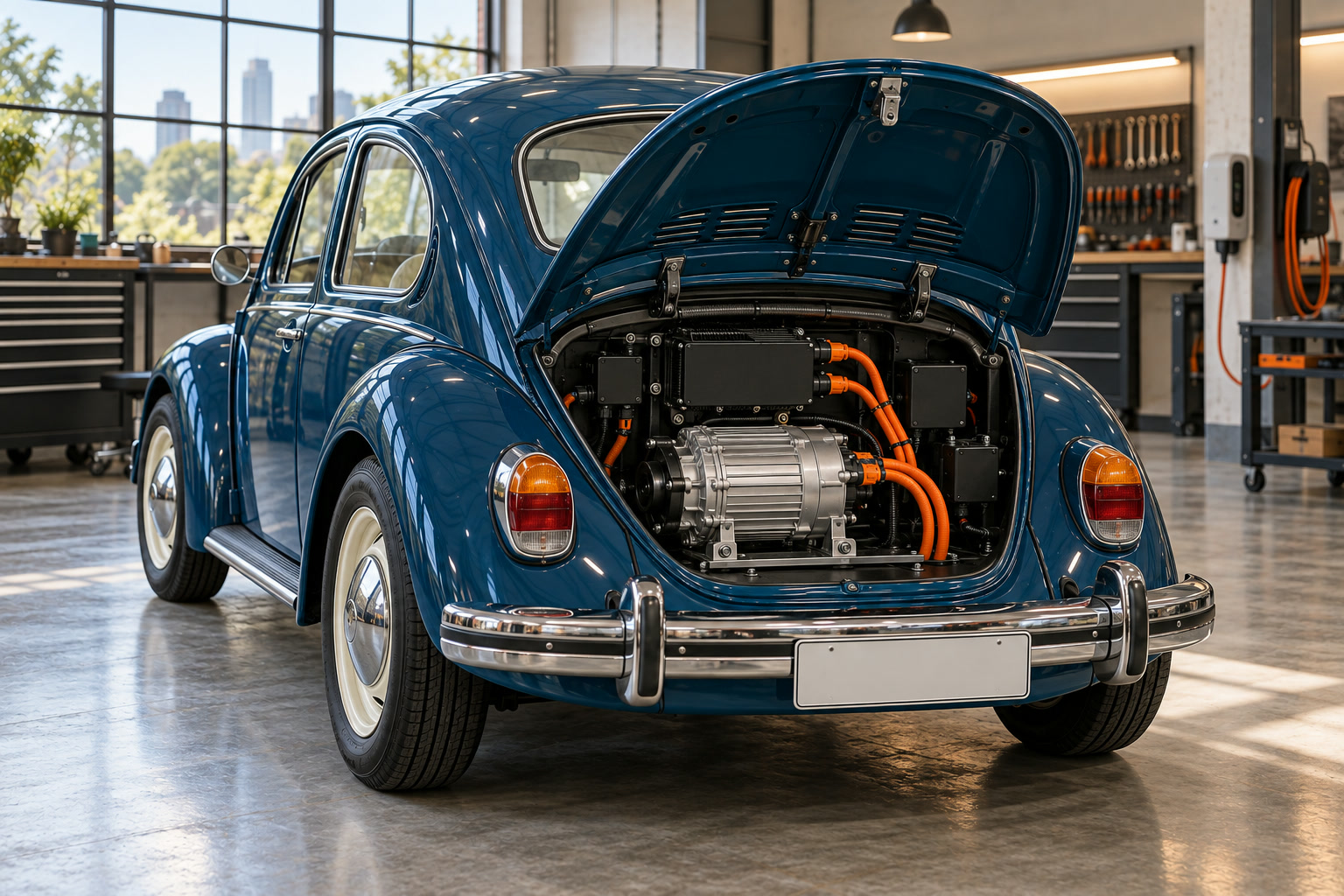 Fusca com a tampa traseira aberta, mostrando o motor elétrico e os cabos laranja de alta tensão no lugar do motor a gasolina