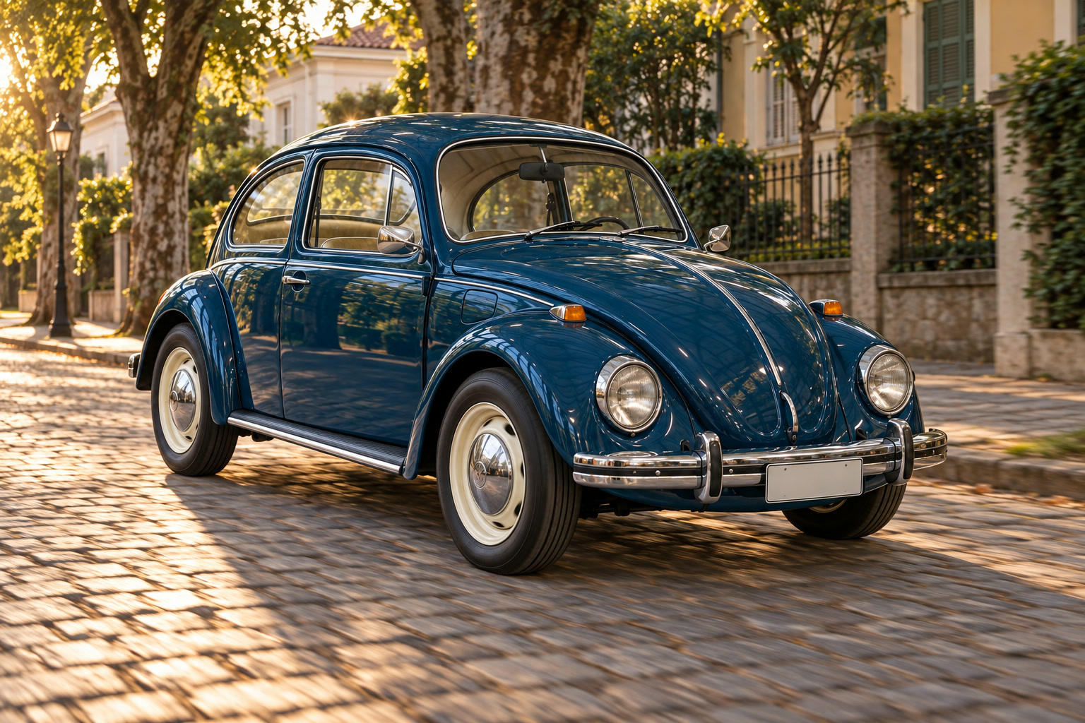 O Fusca azul-petróleo rodando numa rua de paralelepípedo ao fim da tarde